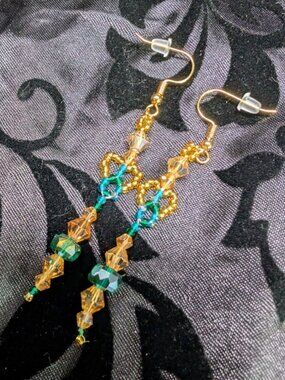 Handcrafted 18k Gold Plated Glass and Natural Emerald Beaded Dangle Earrings